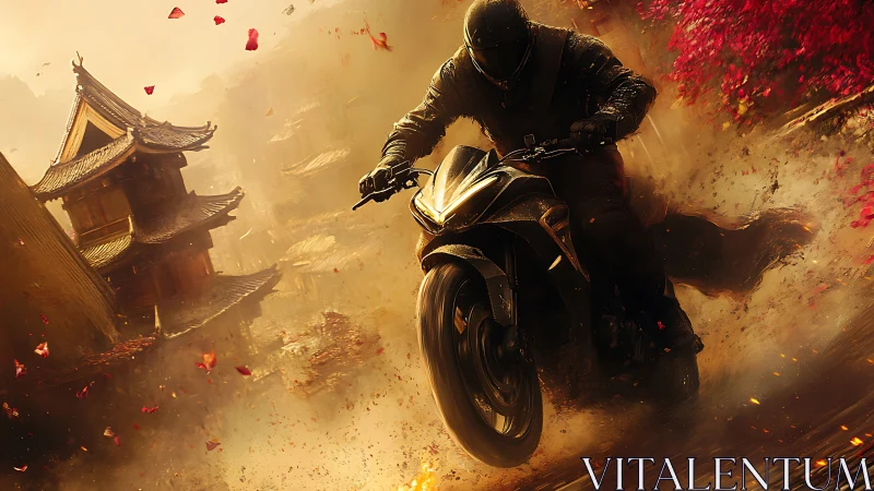 Motorcyclist charges through fiery dust beside ancient temple