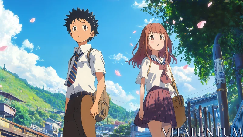 Anime school duo under bright spring sky in suburbia.