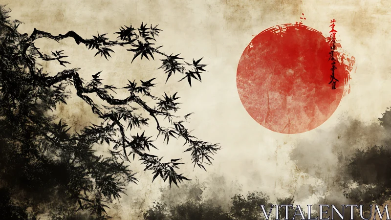 Ink-soaked bamboo leans toward a weathered crimson sun’s hush