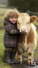 Young child standing beside small cow in muddy field.