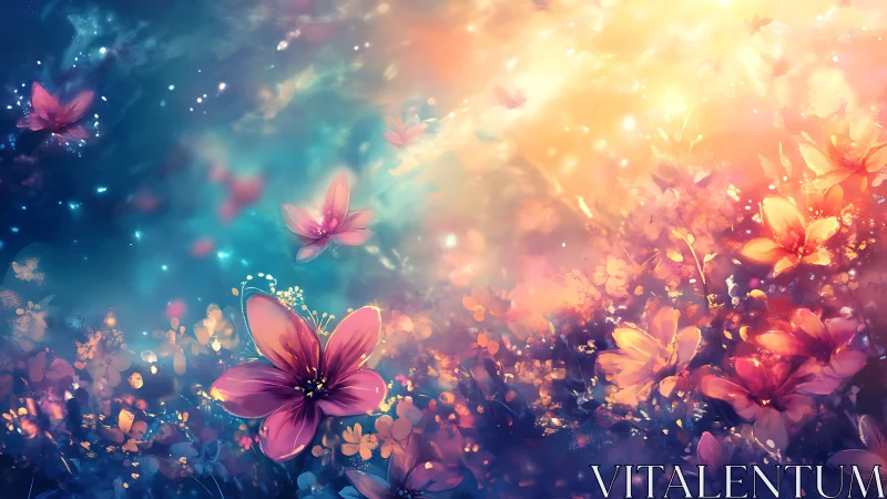 Ethereal Floral Field with Gradient Light and Bokeh Effects.