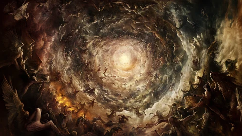 Spiraling vortex of winged figures converges toward radiant light