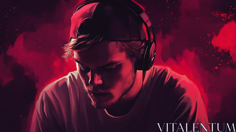 Brooding gamer in headphones immersed in neon soundscape.