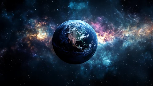 Earth rendered in deep space with high-contrast nebular starfield lighting