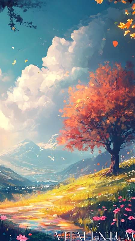 Sunlit valley trail beneath a bright autumn blossom tree.