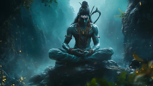 Blue-skinned ascetic meditates in misty forest canyon setting