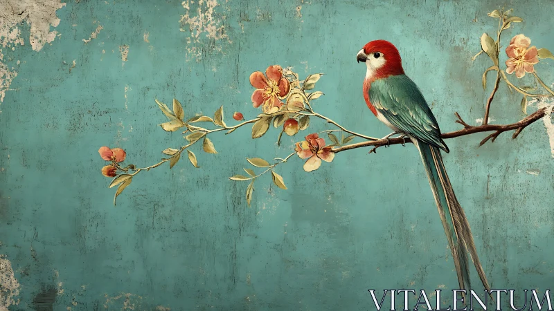 Elegant parrot on flowering branch, vintage textured background.