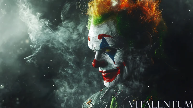 Side profile of clown makeup portrait in smoky low light