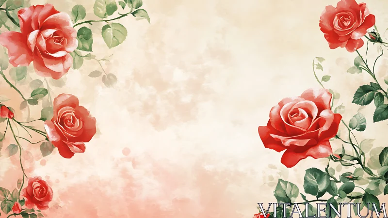 Red Roses Blooming Against Soft Cream Background.