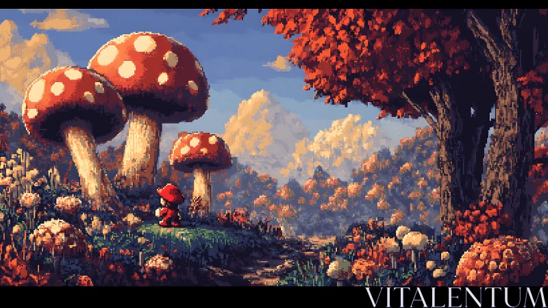 Pixel forest journey beneath towering red mushrooms.