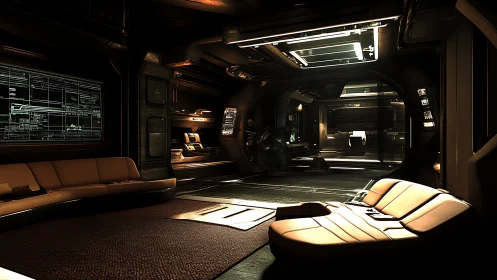 Cozy sci fi lounge glowing with soft golden starship light.