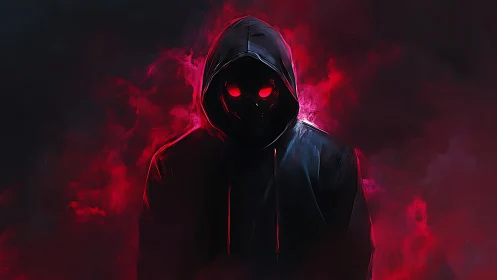 Hooded shadow figure emerges from red digital smoke.