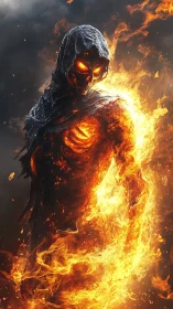 Flaming skeletal humanoid stands in partially charred cloak