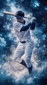 Astral slugger in pinstripes amid particle-cloud cosmos.