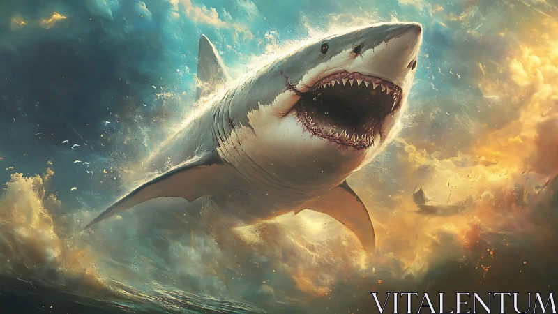 Colossal great white shark erupting from stormy ocean sky.