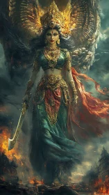 Armored female deity figure in burning mythic landscape.