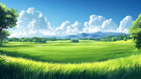 Digital landscape of green field, distant hills and clouds.