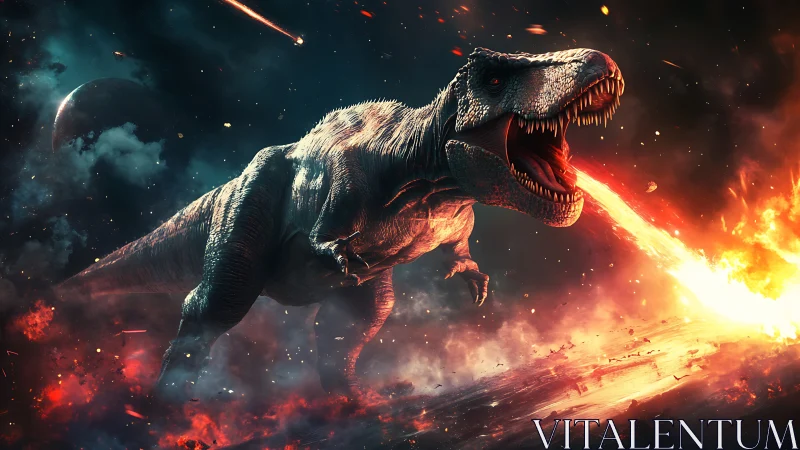 Fire-breathing T-Rex rampages through a burning cosmic wasteland