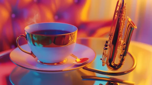 Chromatic café still life with steaming cup and saxophone.