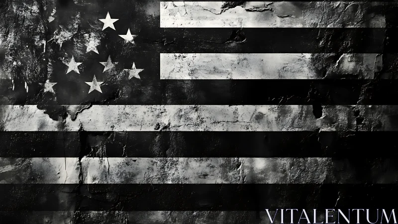 Corroded monochrome US flag rendered as distressed metallic relief