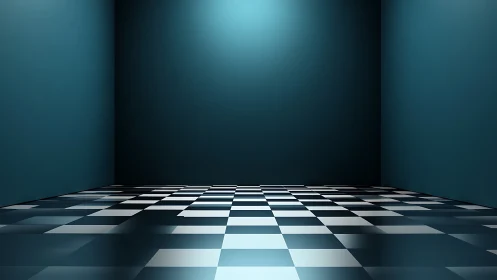 Empty teal room with reflective checkerboard floor and soft vignetting