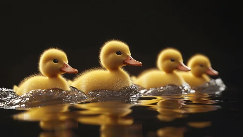 Fluffy duckling flotilla gliding through spotlighted ripples.