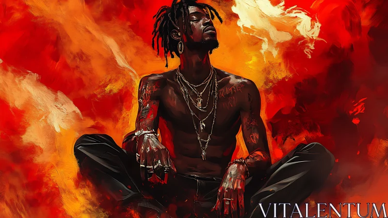 Shirtless man in jewelry seated amid vivid red flames.