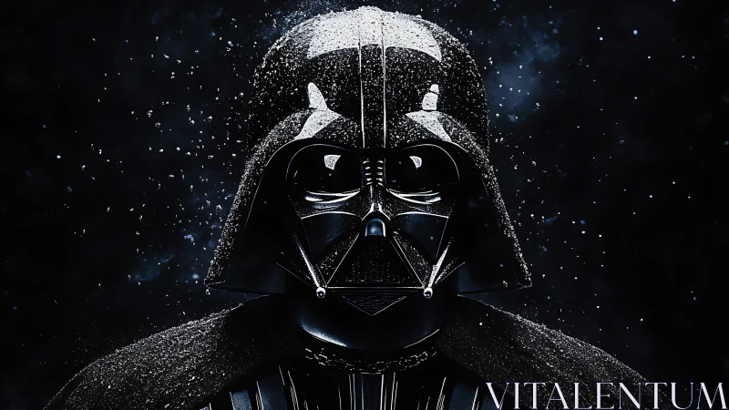 Dark armored figure stands in drifting cosmic particles.