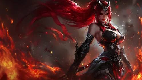 Fiery red haired demon warrior in black armor stands amid fire.