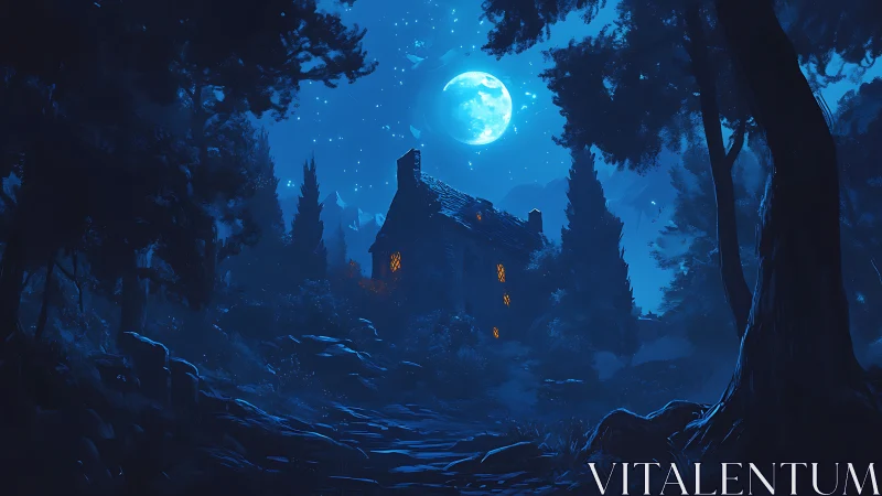 Moonlit forest cottage glows with warm, mysterious light.