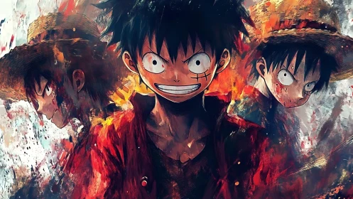 Fiery anime hero trio radiating courage and wild energy.