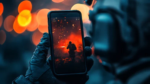 Military gloved hand holding smartphone with combat scene.
