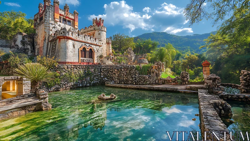 Weathered hilltop fortress above reflective emerald basin.
