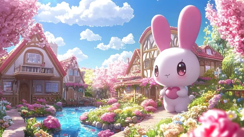 Large pink-eared bunny figure in floral village setting.