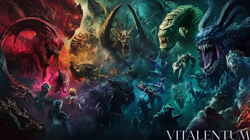 Epic monstrous clash erupts in a cosmic, neon-tinted void