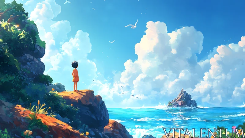 Sunlit cliffside daydream with a distant island calling softly.