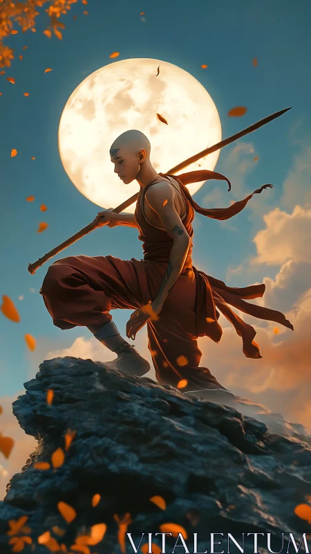 Monk warrior poised against full moon in dynamic autumn dusk