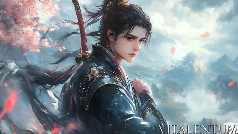 Stoic wuxia swordsman amid swirling petals and clouds.