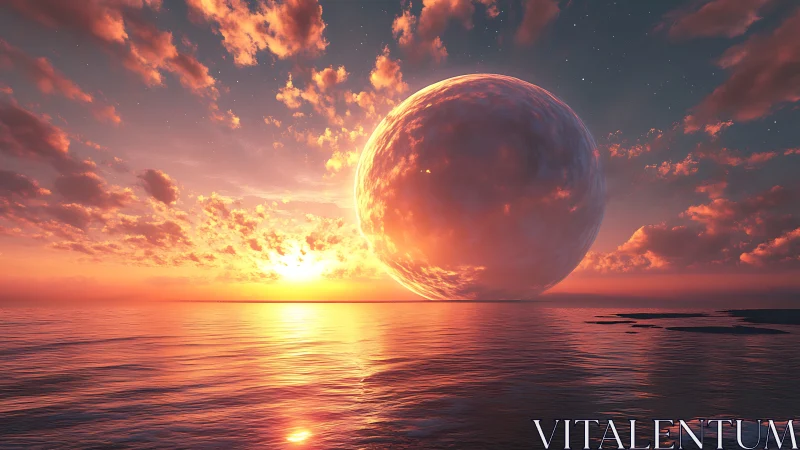 Surreal sunset ocean with colossal glowing sphere horizon.