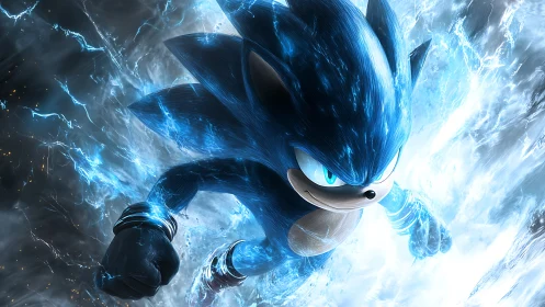 Electric blue hedgehog sprinting through crackling energy storm.