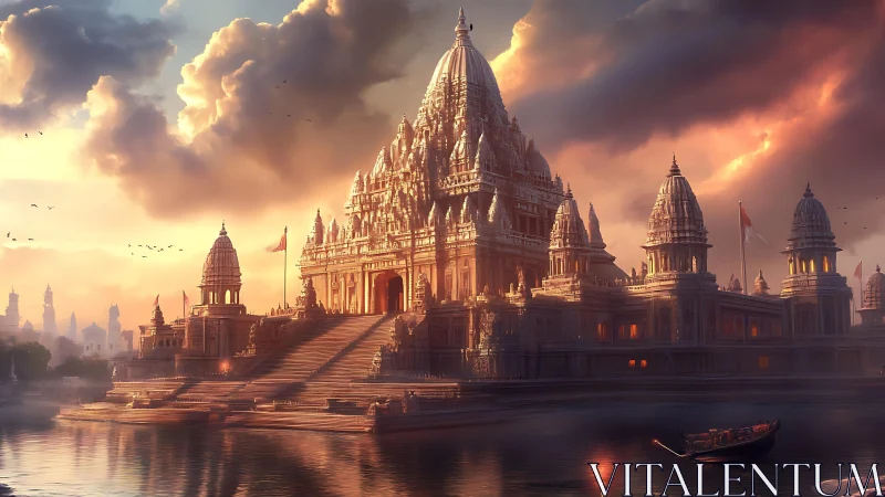 Riverside temple complex under dense clouds at sunset.