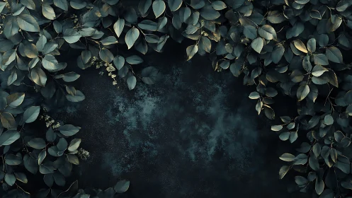 Dark botanical frame with dense foliage around border.