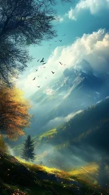 Sunlit alpine valley with misted peaks and autumn foliage.