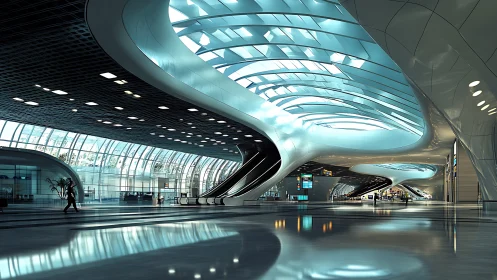 Luminous Cathedral of Tomorrow: Curved Glass & Turquoise Light.