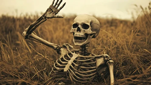 Smiling skeleton waves from eerie golden grassland at dusk