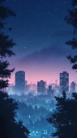 Urban skyline viewed across forest at twilight under stars.