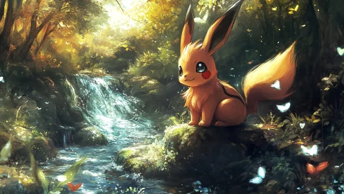 Digital painting of foxlike creature by luminous forest stream.