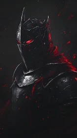 Obsidian armored dark knight with glowing red visor eyes