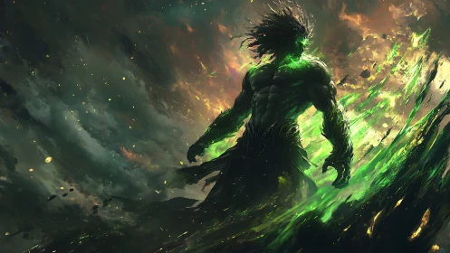 Humanoid energy figure amid green luminous particle field.