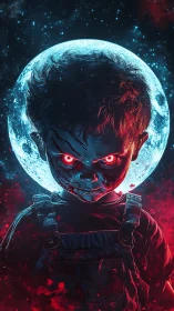 Demonic child portrait under full moon with red bioluminescent eyes.